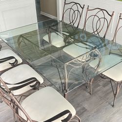 7-Piece Heavy Wrought Iron Dining Set - 6 Armchairs - Hollywood Regency Style