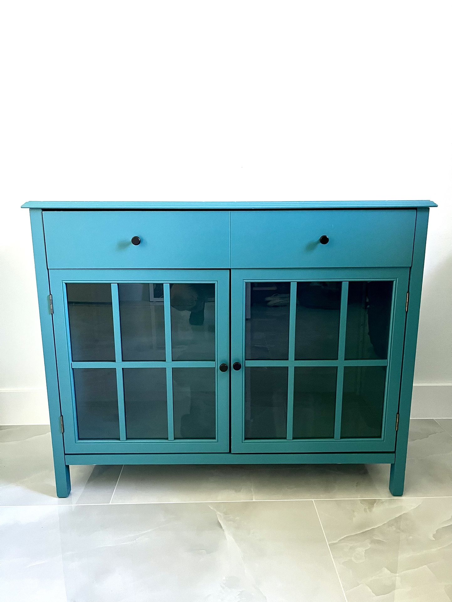 Accent Buffet Cabinet - 2 Glass Doors, teal color, wood