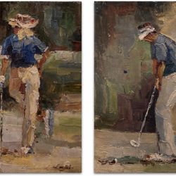 Set of 2 Original Textured Oil Paintings – Golfers – 16x12 Canvas – Modern Wall Art