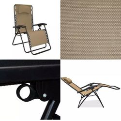 Folding Lounge Chair Wide Oversized Beige Reclining Patio Zero Gravity Tan Large Camping Seat