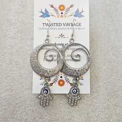 HAMSA Hand Eye Pointing Down Silvertone Spiral Circle Earrings