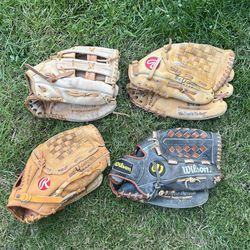 Lot of 4 Rawlings & Wilson Baseball and Softball Gloves