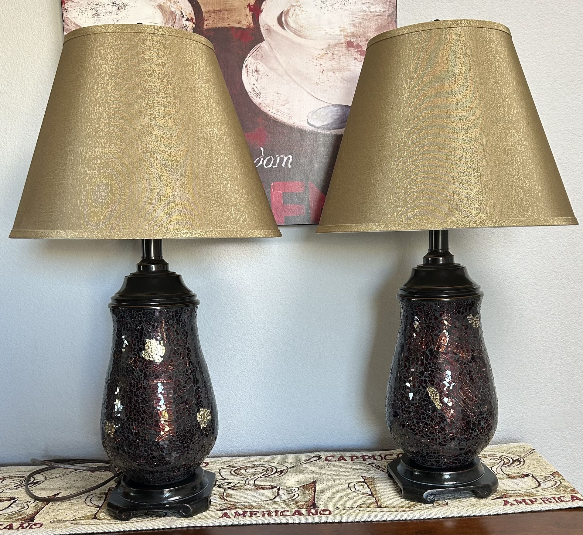 2 Table Lamps.  Like New  - Glass (not Plastic) Mosaic 3 Way Lamps.  (3 Way Bulbs Included).   CASH Only, Not Accepting ZELLE Or VENMO.  Pick-up Only.