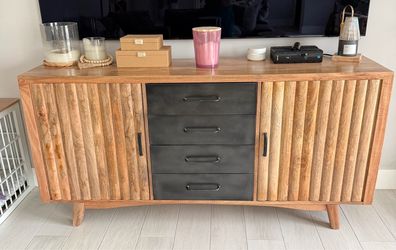 Tv console chest media console oak wood industrial black shelves nadeau
