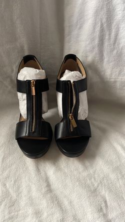 Black Leather Heeled Sandals with Gold Zipper