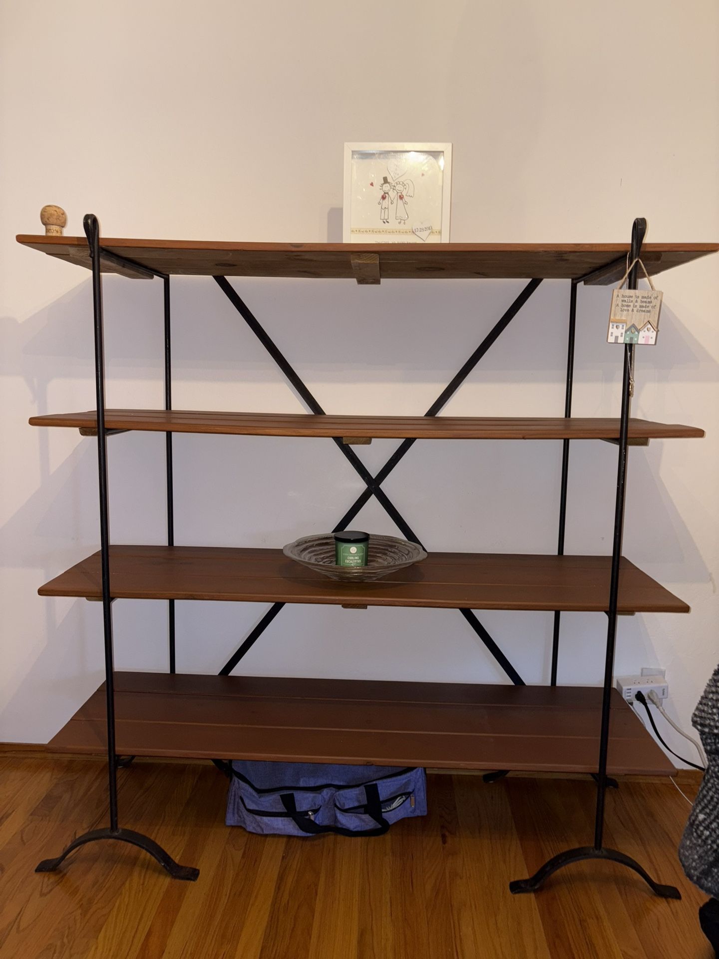 Pottery Barn industrial-style metal & wood shelving unit – $250