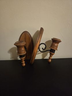 Vintage 8in Wooden w/Black Metal Sconces 