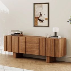Mid Century Modern TV Stand, 71" Fluted Door Entertainment Center, Brown Walnut TV Consoles for Living Room, High-Leg Support, Sculptural Media Consol
