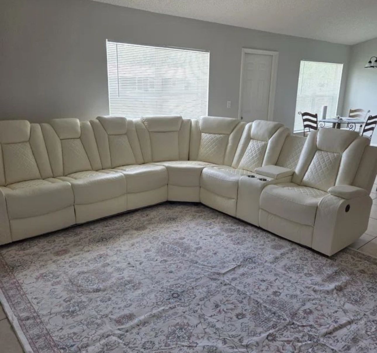 Power Electric White Leather Fully Reclining Sectional Couch 
