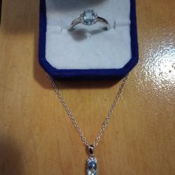 New S.925 Sterling Silver Aquamarine Ring Size 7 And Necklace 
