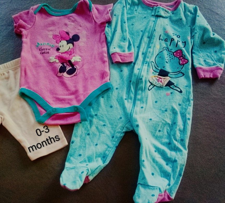 Baby Girl 0-3 month 3-piece LOT (Disney Minnie Mouse Onesie, Pants, Footed Sleeper)