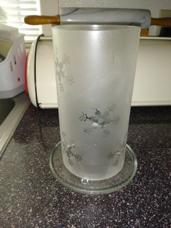 Snowflake etched pillar tube and base, for a candle