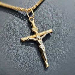 Jewelry 10k Solid Two Tone Yellow Gold Cross Jesus Religious Cross Pendant charm