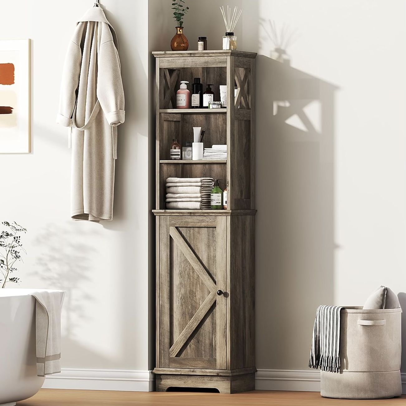 Rustic Farmhouse Tall Storage Cabinet – Grey Finish