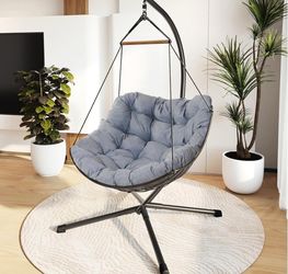 Outdoor Chair with Stand, Swing Chair with Cushion, E-Coated Hanging Chair for Bedroom Garden and Backyard, Gray