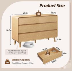 6 Drawer Dresser for Bedroom, Wood Chest Mid Century Modern Bedroom Furniture Oak