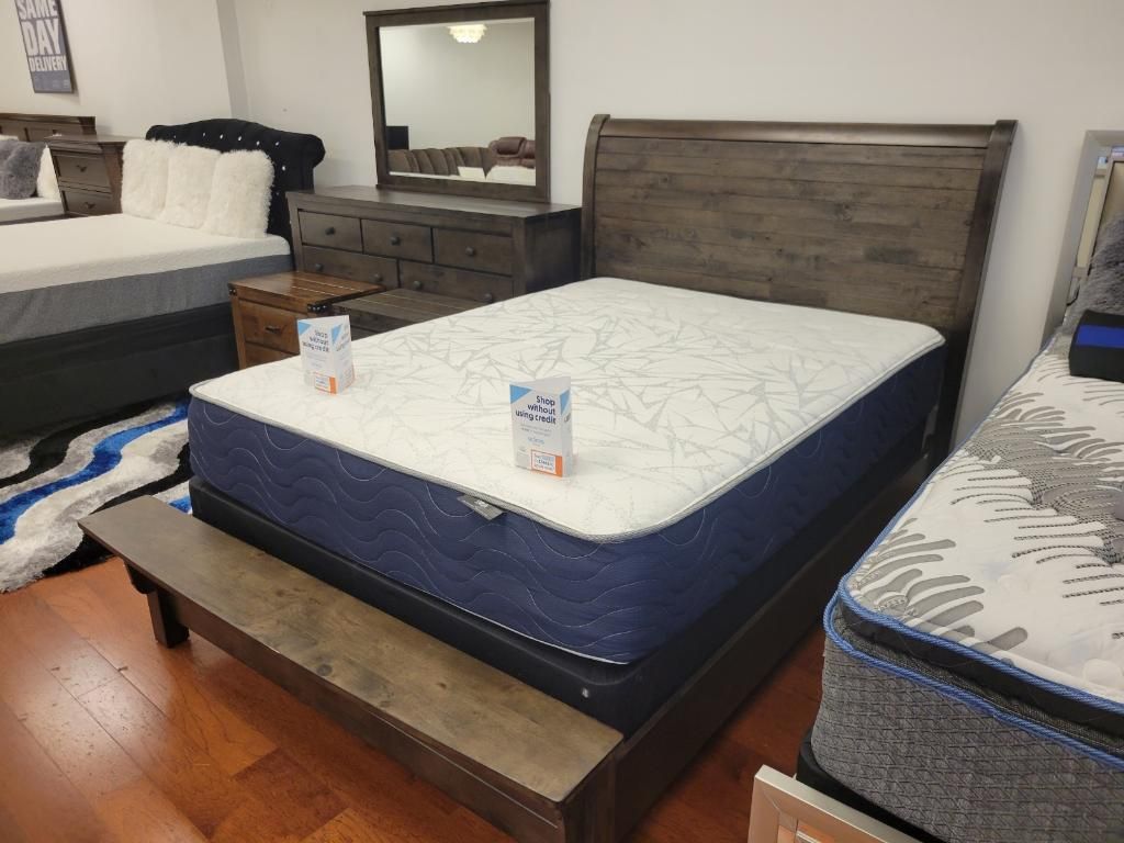 QUEEN AND KING BEDFRAMES! GORGEOUS GREY OAK! DELIVERY TODAY! DRESSER MIRROR COMBO PACKAGE! ADD 12in MATTRESS FOR $299!! 