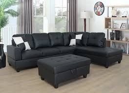 New Black Faux Leather Sectional Special With Storage Ottoman And Pillows