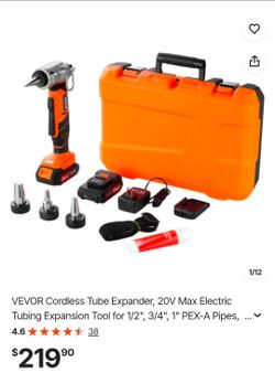 VEVOR Cordless Tube Expander, 20V Max Electric Tubing Expansion Tool for 1/2", 3/4", 1" PEX-A Pipes, 22000RPM Pipe Expander with 3 Expanding Head, 2pc