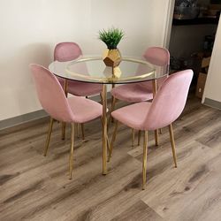 Pink Gold Glass Round Dining Set For 4 