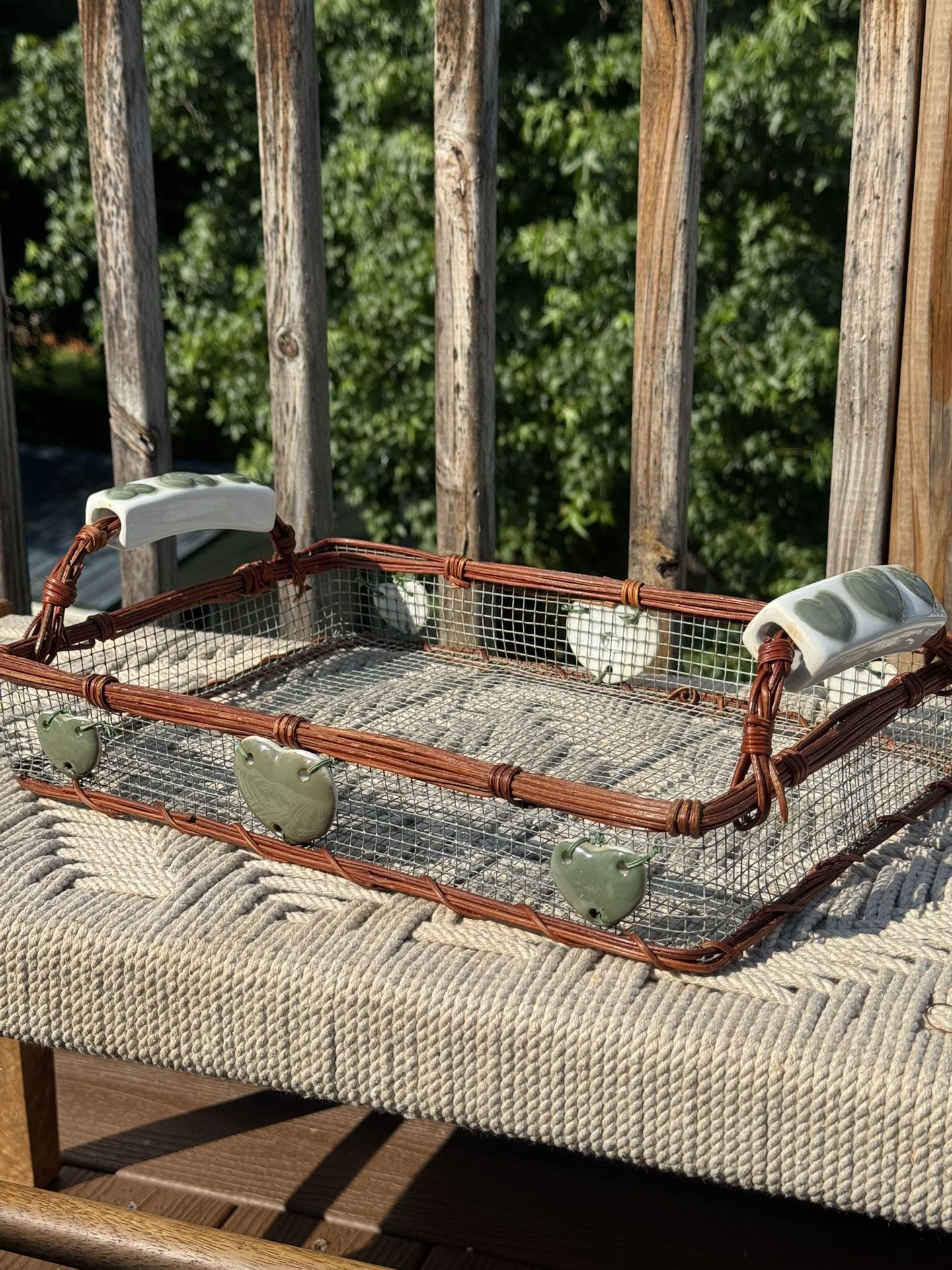 Cottagecore wicker and wire basket with porcelain heart accents and handles