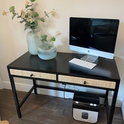 Writing Desk in black w/ cane drawers 