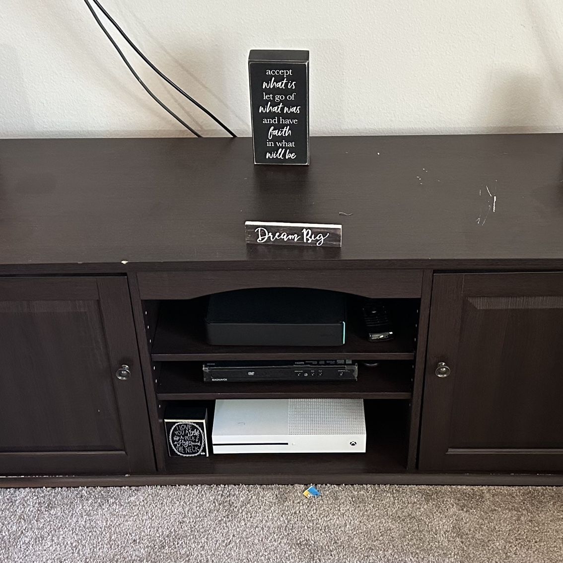 Modern TV Stand with 3 Shelves, 2 cabinets & Cable Management