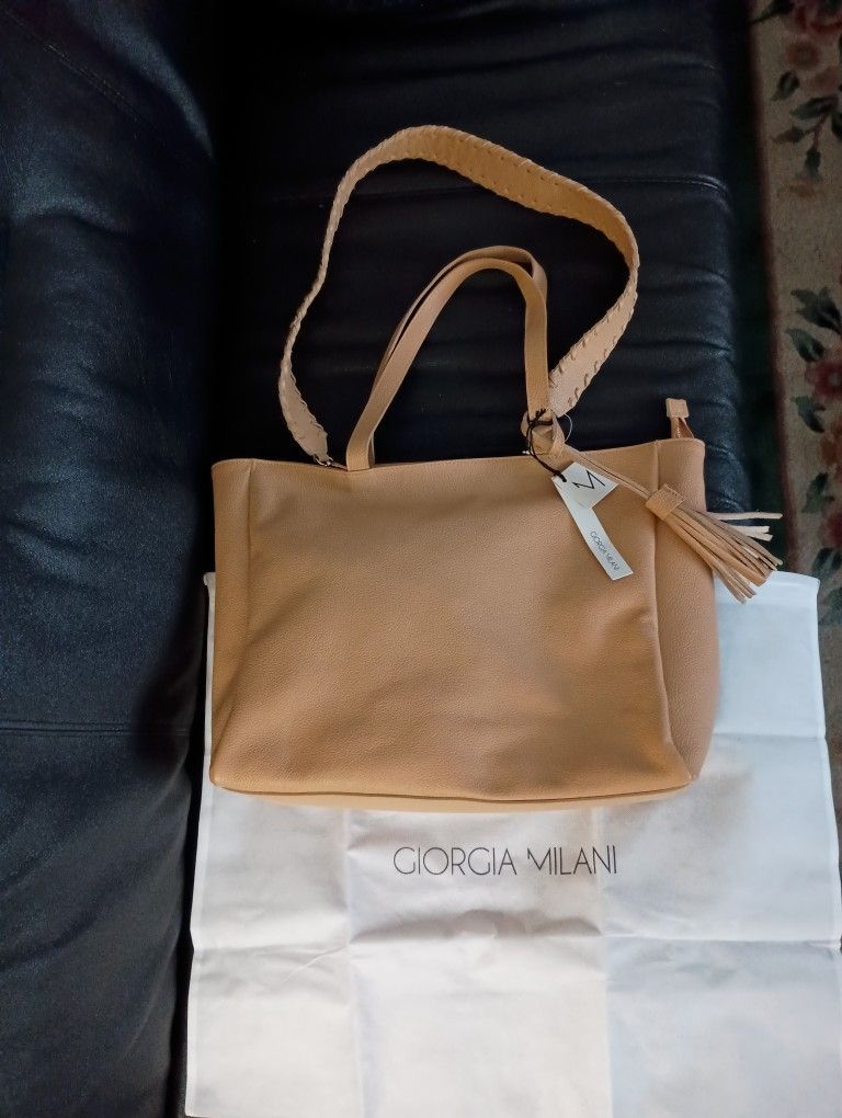 NWT Large Carmel Tan Leather Giorgia Milani Italian Italy Made Tote Bag Purse