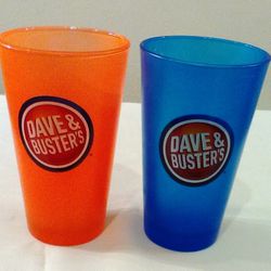 Dave & Buster's 20 oz. Souvenir Glasses (3 Neon Blue & 3 Neon Orange) + 6 Matching 25.5 oz. Tumblers in the Same Bright Colors - All in Good Condition