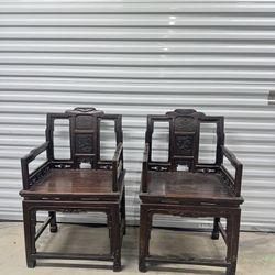 Pair Of Decorative Chinese Ornate Antique Wood Chairs