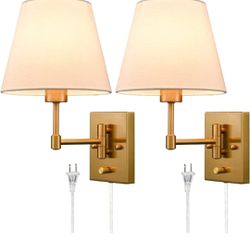 (New in Box) SAMTEEN Plug-in Wall Sconces Set of Two Beige Shade Swing Arm Wall Lamp with Plug-in Cord Wall Mount Reading Light/5-751