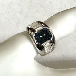 Silver Tone Blue Rhinestone Ring 