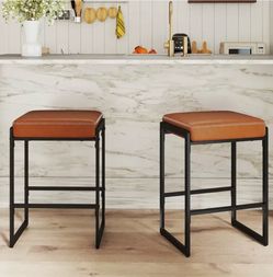 26 inch Bar Stools Set of 2 Counter Height Barstools with Faux Leather Upholstered Seat