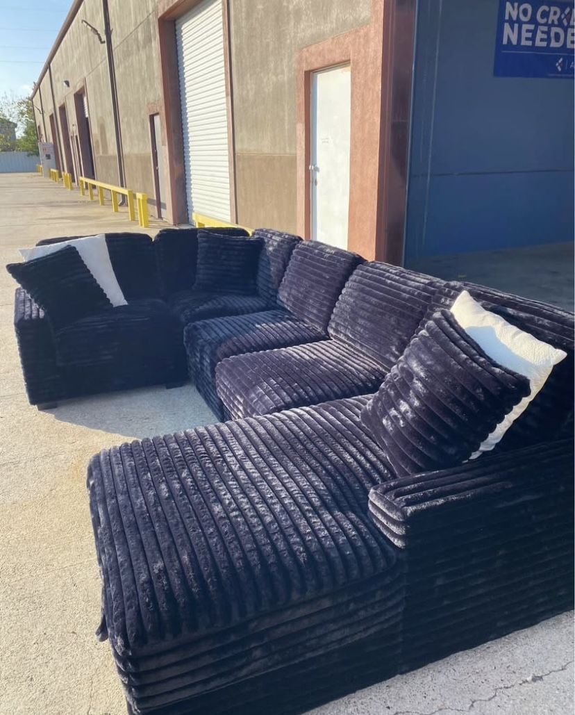 Modular Black Fluffy Sectional Couch With Storage 