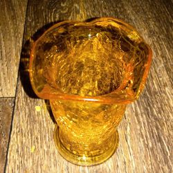 Vintage Rainbow Art Glass Company Fluted Vase with Crackled Glass in Amber.



