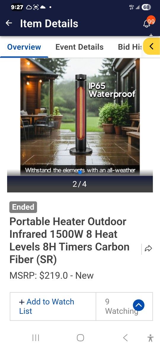 Portable Heater Outdoor Infrared 1500W 8 Heat Levels 8H Timers Carbon Fiber