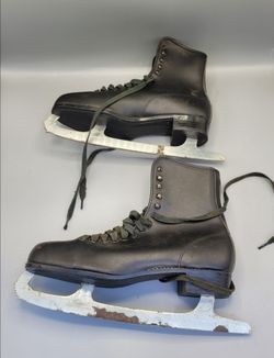 1Vintage Ice Skates Mens 9 Black Leather Lace Up Imperial Hardened Tempered
