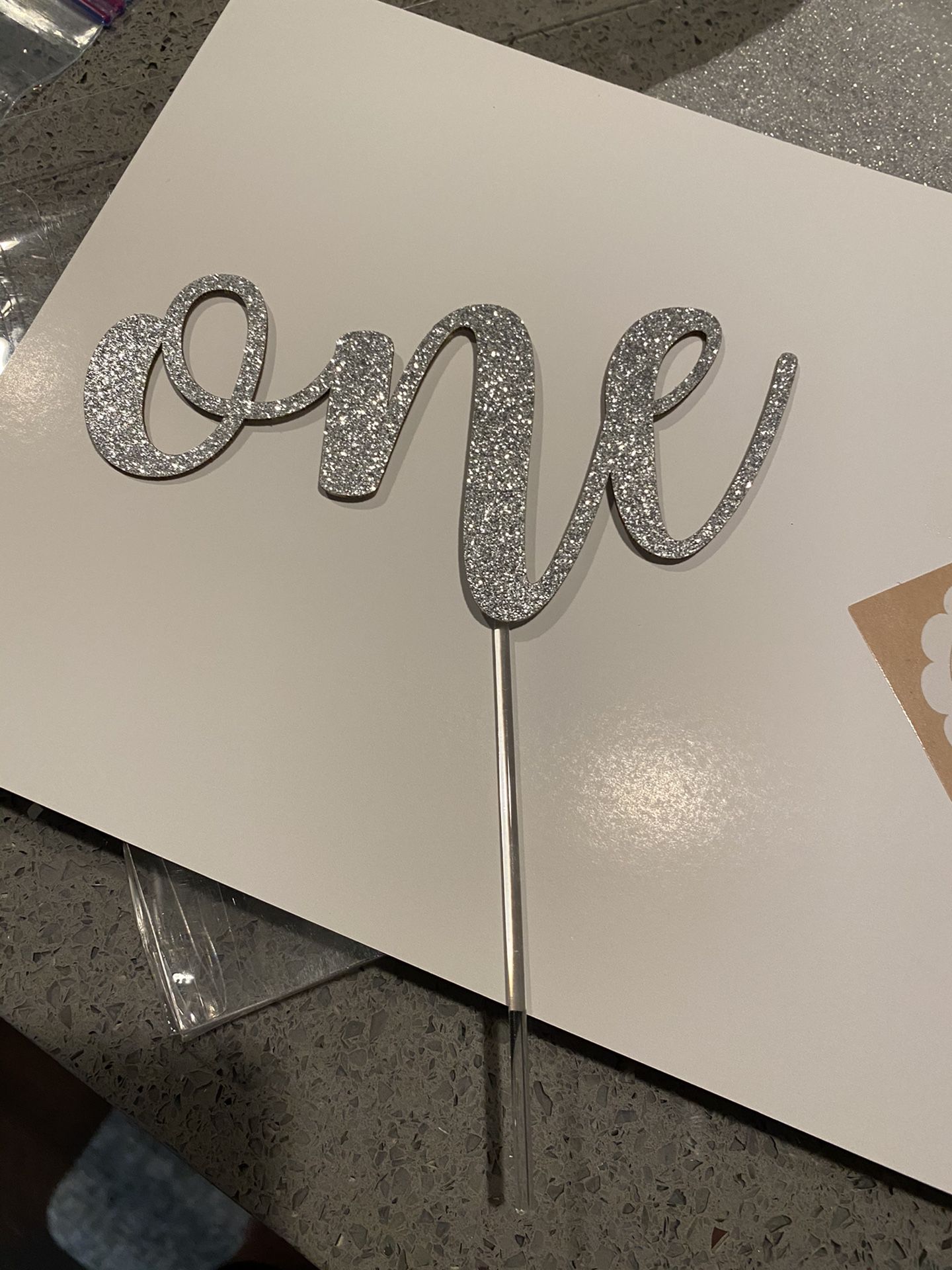 First birthday cake topper - silver sparkly
