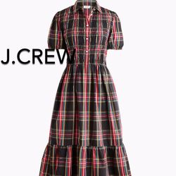 (NEW) (3 SIZES) WOMEN’S J.CREW FACTORY TARTAN SMOCKED MIDI SHIRT DRESS - SIZES: SMALL, MEDIUM AND LARGE (MSRP: $158)