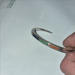 Sterling Silver 925 Cuff Bracelet with Blue Green Orange Inlay and Etched Design