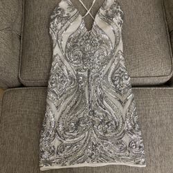 White With Silver Sequin Mini Dress-M 