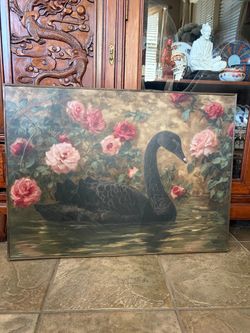 Black Swan and Roses Canvas Wall Art