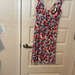Brand New Dress, White Blue Red Print Flowers