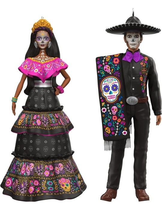 Hallmark Keepsake Plastic Christmas Ornament 2022, Barbie and Ken Día De Los Muertos, Set of 2