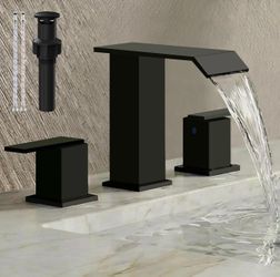 8 Inch Widespread Bathroom Faucets 3 Hole, Modern Aesthetic Waterfall Sink Faucet with Pop Up Drain & Supply Lines, Anti-Splashing & Stain-Resistant M