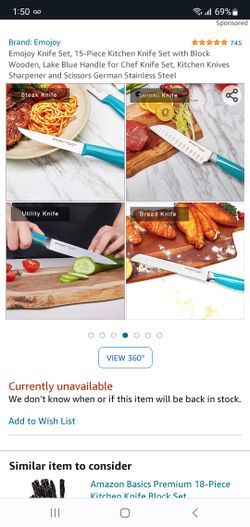 Emojoy Knife Set, 15-Piece Kitchen Knife Set with Block Wooden, Lake Blue  Handle for Chef Knife Set, Kitchen Knives Sharpener and Scissors German