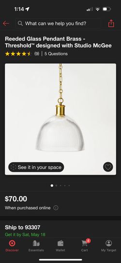 Reeded Glass Pendant Brass