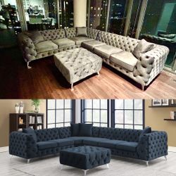 New Luxurious Black Tufted Velvet 125 Inch  Sectional Also Available In Gray