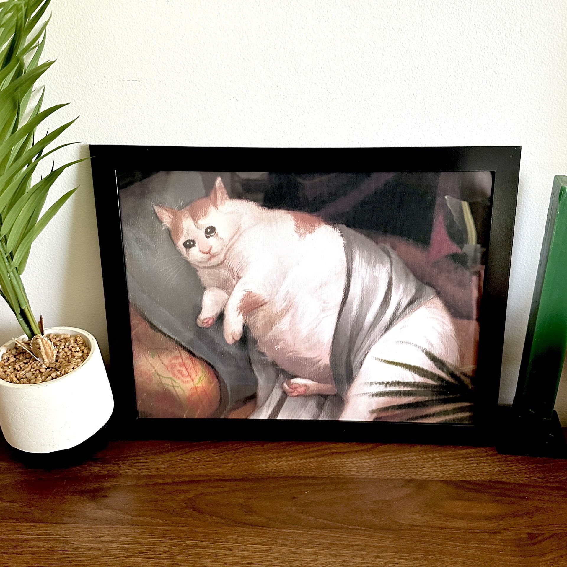 Sad Cat Canvas Art Print Framed Wall Art Crying Fat Kitty Cat Quirky Weird Art