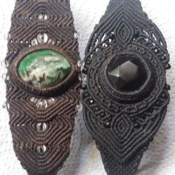 2 Hand Embroidered Bracelets Obsidian And Green Quartz Stones